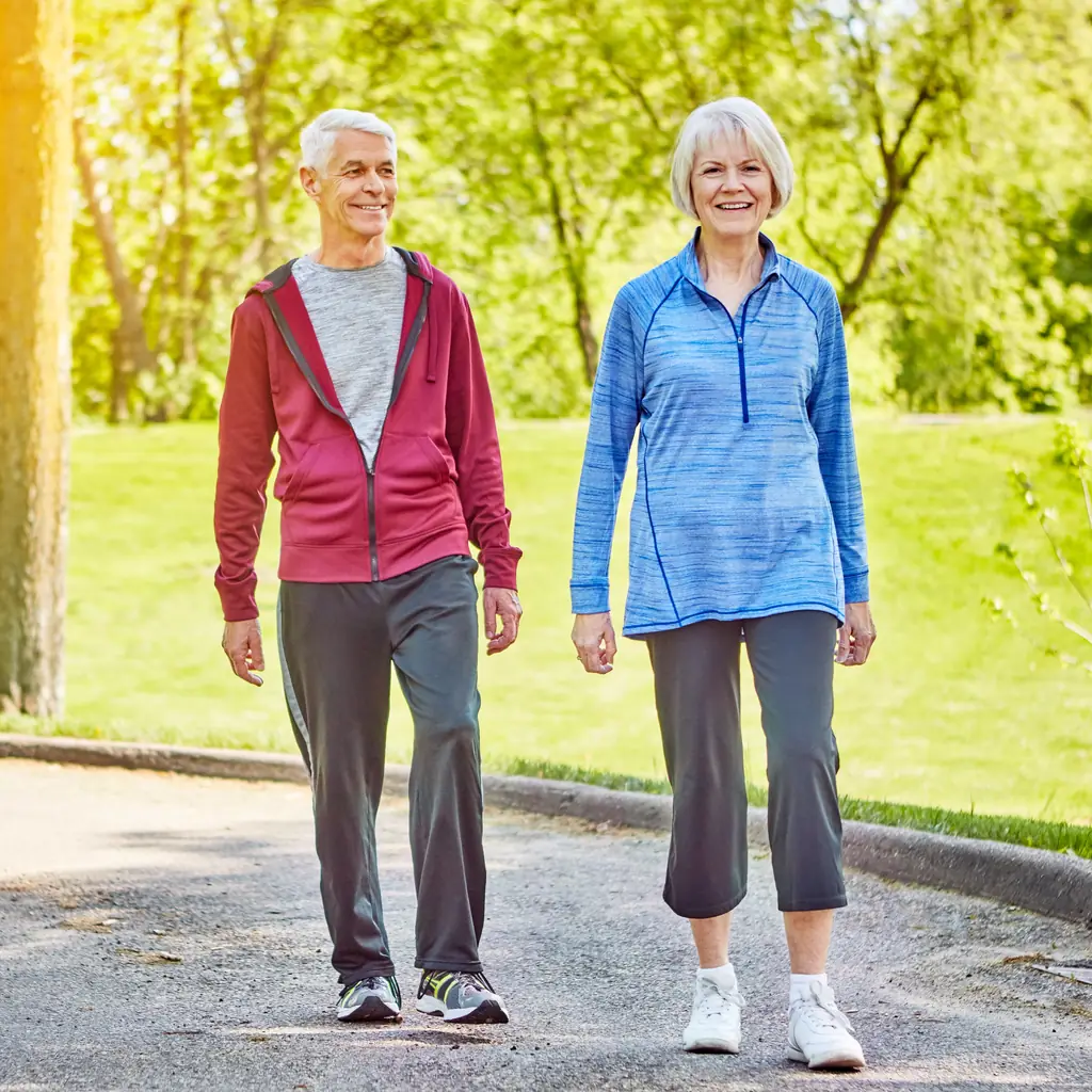 Illustrative stock photograph of an older couple walking in a park; not Archey Fork Park.