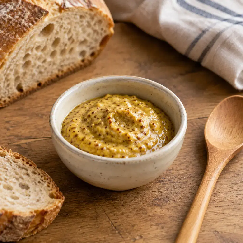 Illustration of tasting mustard, not a Raye’s product or factory photograph