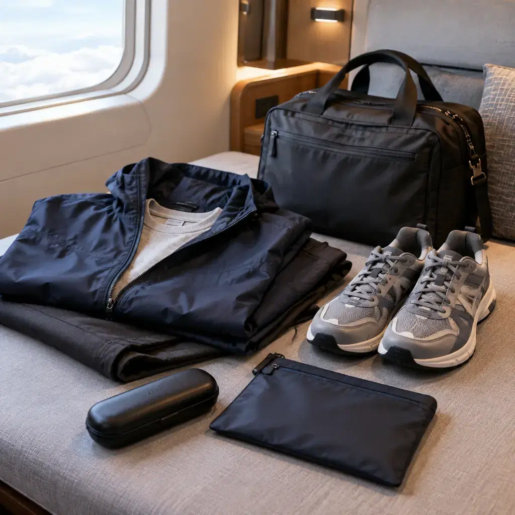 Departure outfit with walking shoes, glasses case and zipped document pouch laid beside a small overnight bag in a generic cabin