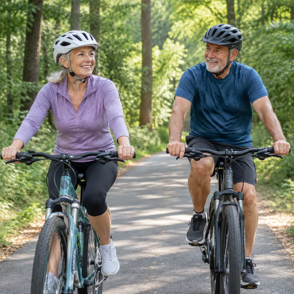 Older couple cycling on a generic wooded paved recreational trail, no named location
