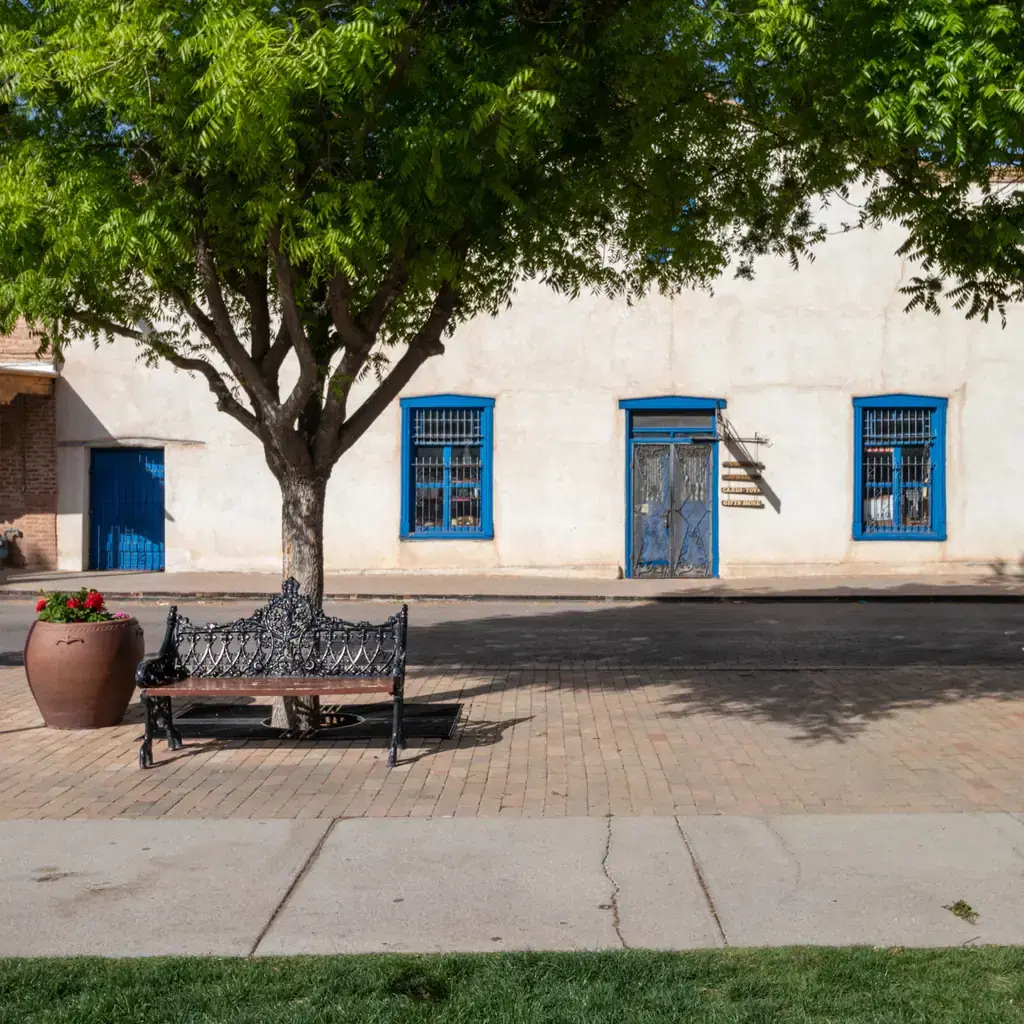 Historic adobe buildings beside the plaza in Mesilla, New Mexico.