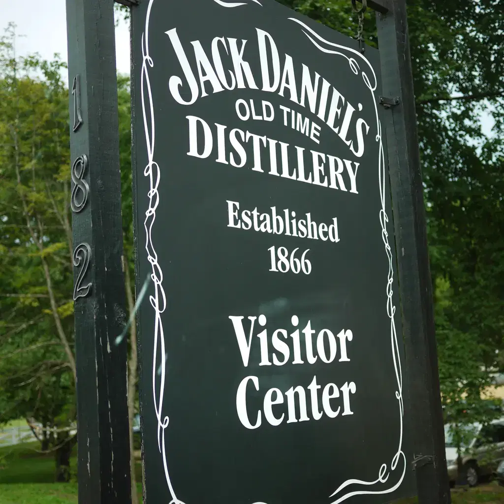 Visitor-center sign at the Jack Daniel's distillery in Lynchburg, Tennessee.