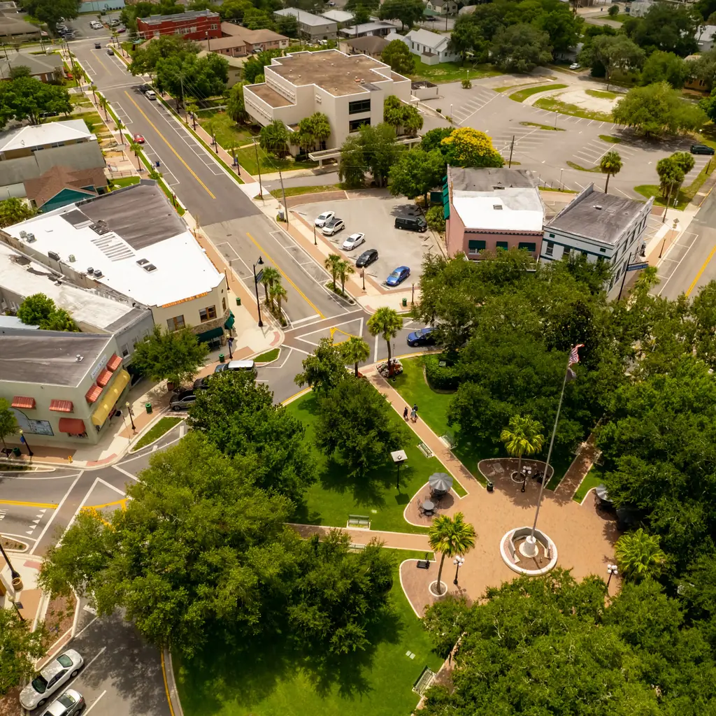Aerial view of the historic downtown district in Sebring, Florida.