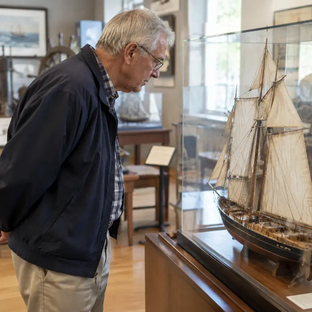 Older adult examining a small nautical model at a generic community museum, no identifiable location