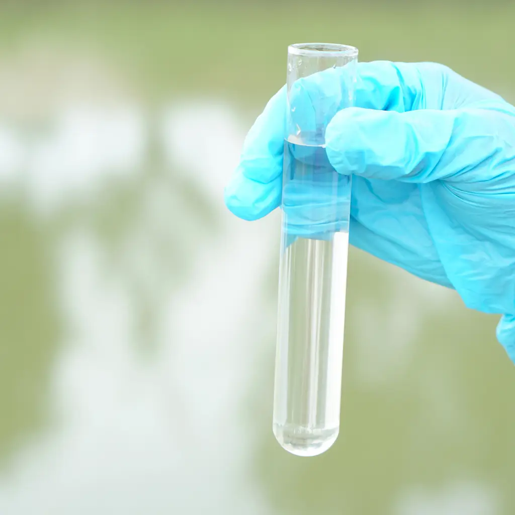 Illustrative stock photograph of a collected water sample; not taken at Muskegon Lake.
