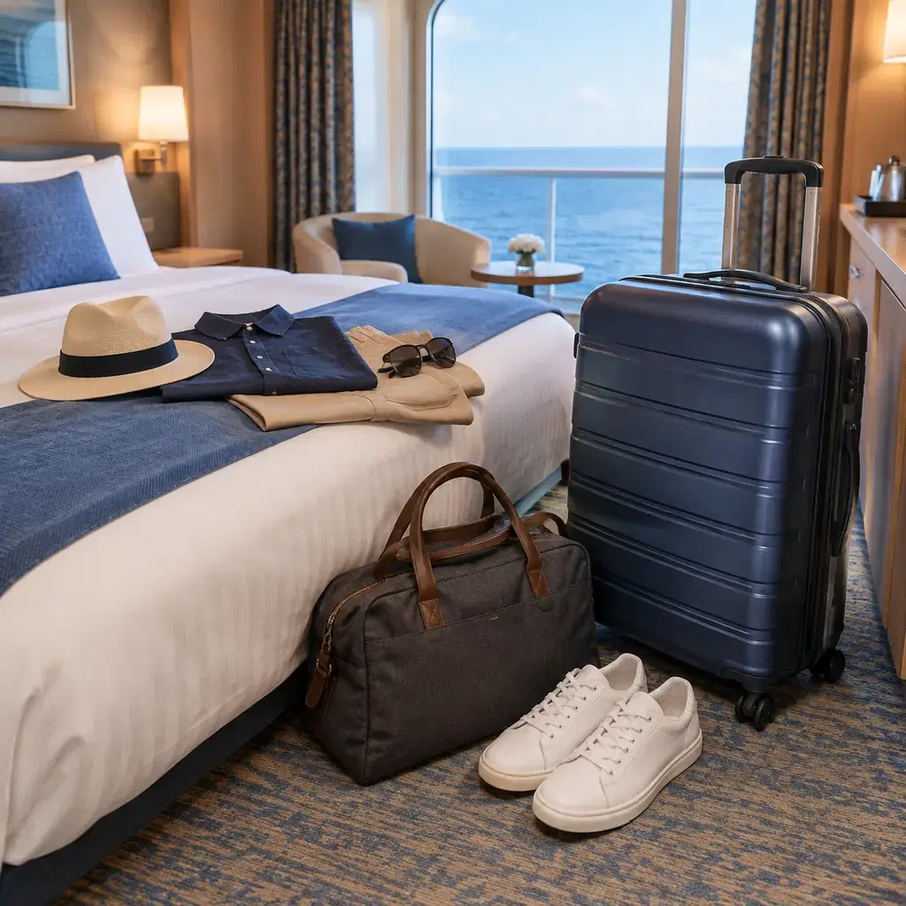 Complete travel outfit including shoes placed beside a small overnight bag and closed large suitcase, generic cruise cabin