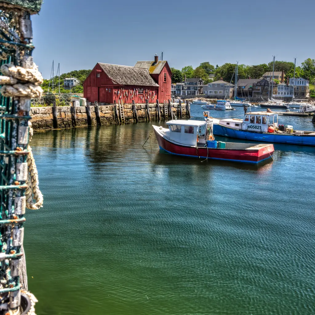 Fishing boats and the red fishing shack in Rockport Harbor, Massachusetts
