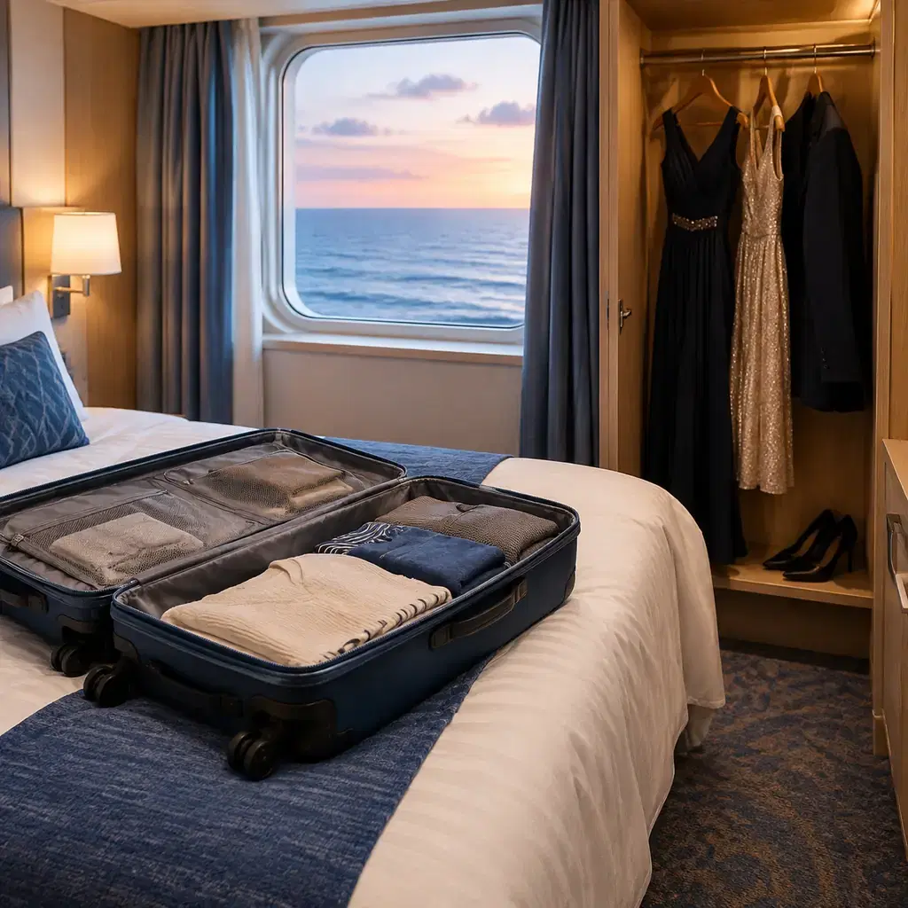 Partly packed suitcase on a generic small cruise cabin bed, remaining evening clothes hanging neatly, no identifiable ship