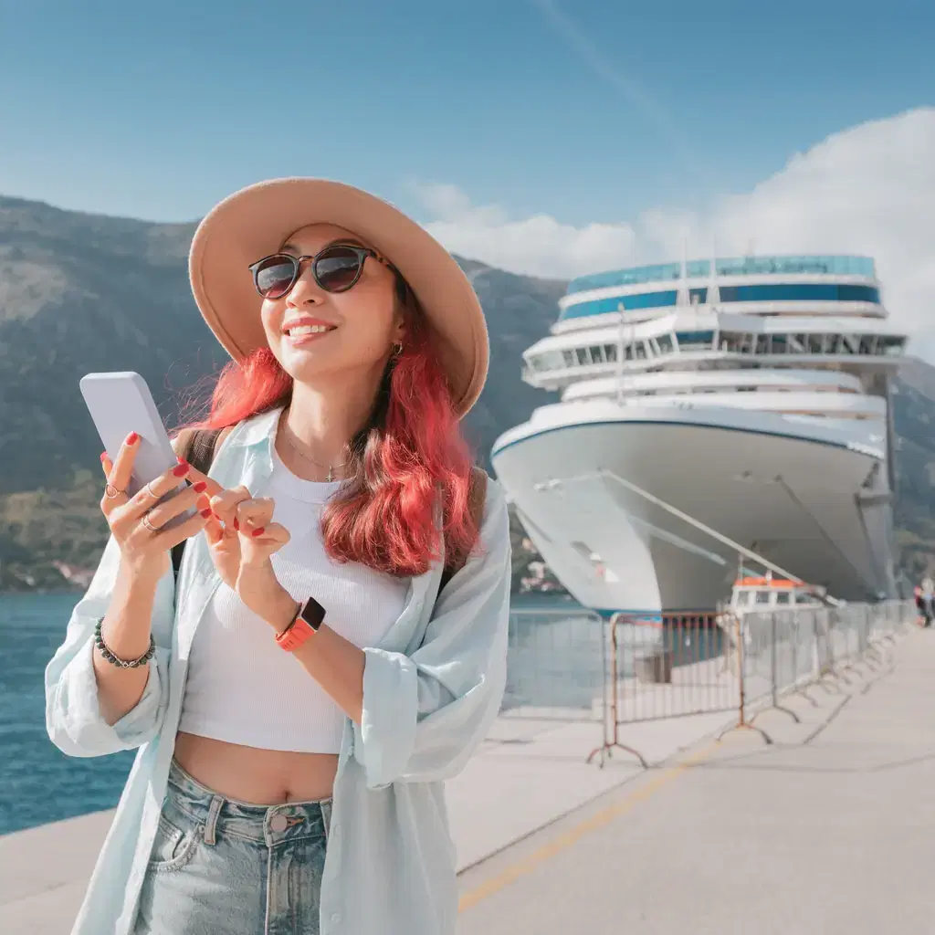 A traveler using a smartphone at Kotor port in Montenegro, with a cruise ship behind her