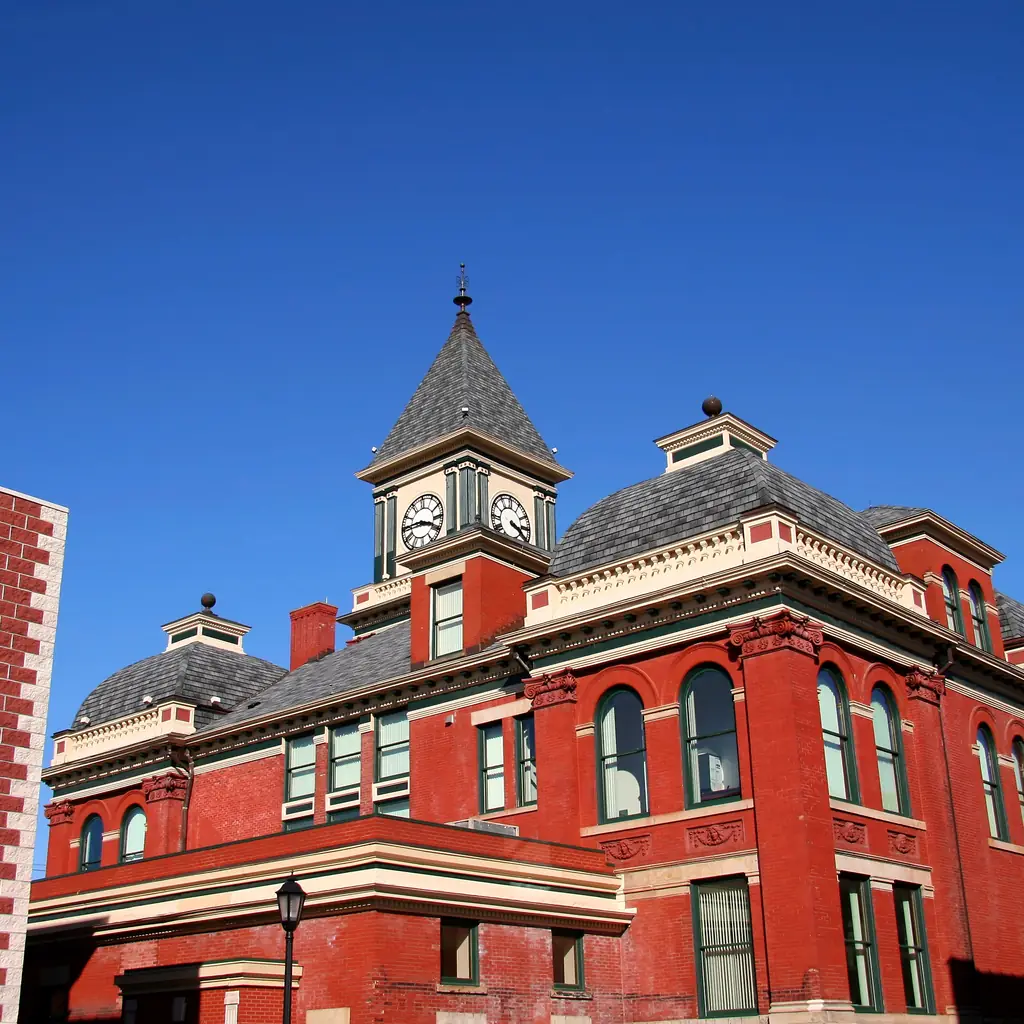 Historic red-brick clock-tower building in Bradford, Pennsylvania.