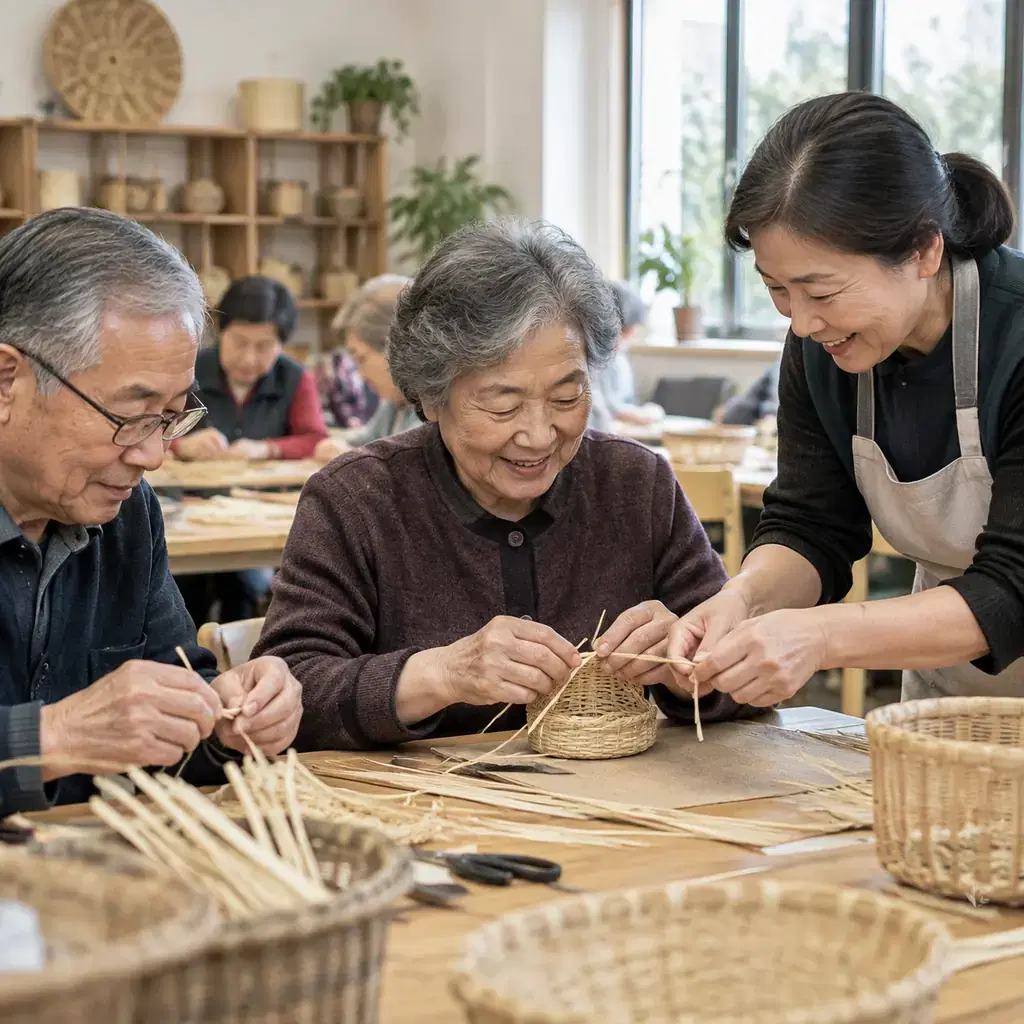 Older adults learning a traditional handcraft together in a generic community workshop