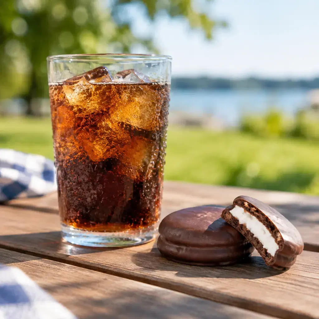 A chilled unbranded glass of dark cola beside a plain chocolate-coated marshmallow sandwich cookie on a simple picnic table, joyful summer snack concept, no brand wrappers or logos and no identifiable festival location