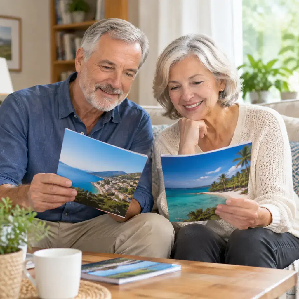 Older couple considering two unbranded holiday brochures at home, pleasant natural light, no readable text or invented logos