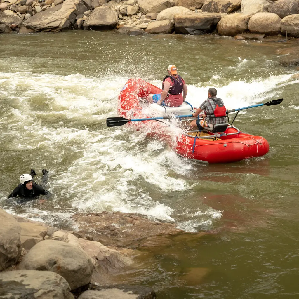 A raft and river paddler on rapids in Durango, Colorado.