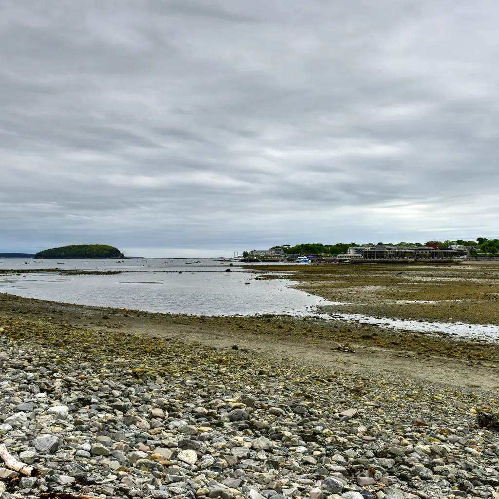 The exposed walking path to Bar Island at low tide in Bar Harbor, Maine.
