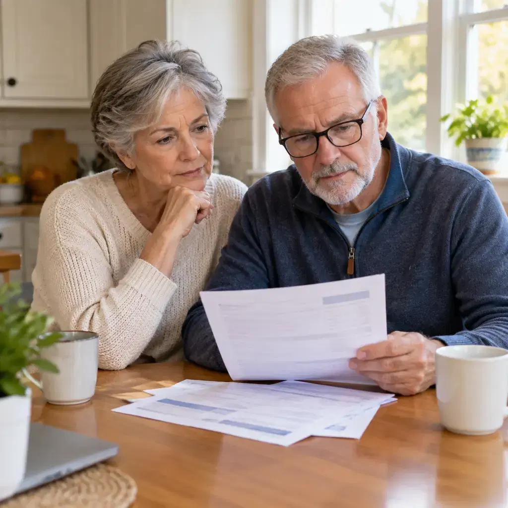 Retired couple reading a household utility statement beside a warm kitchen window, no readable private information