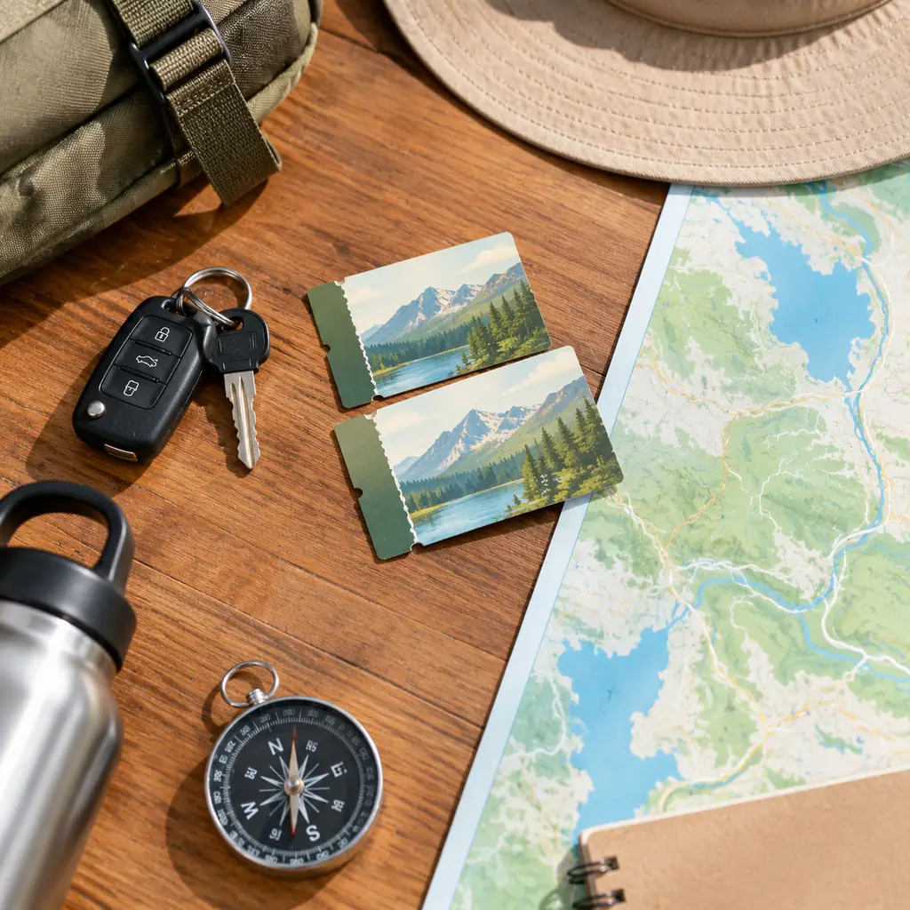 Two unbranded generic park admission cards beside car keys and a road map with no readable labels, conceptual travel planning tabletop scene