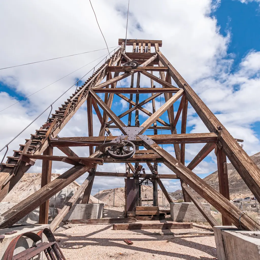 A wooden mining headframe at Tonopah Historic Mining Park, Nevada.