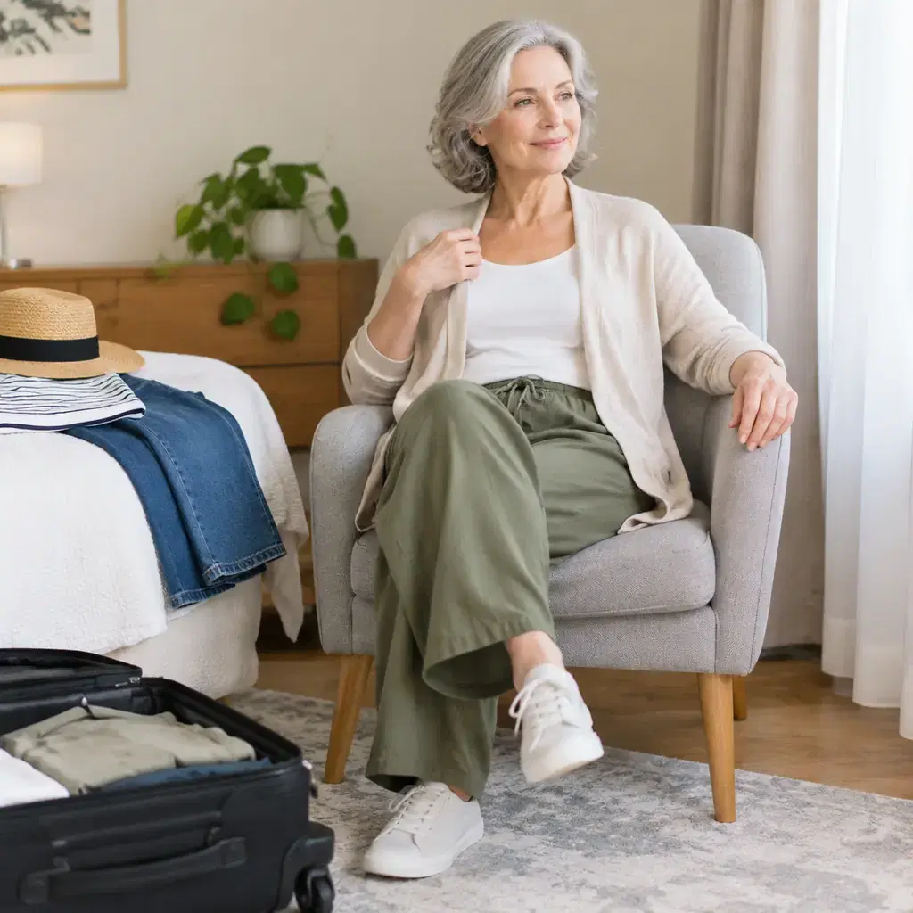 Older woman seated comfortably in loose travel clothes and light cardigan in a plain home chair, testing an outfit before packing