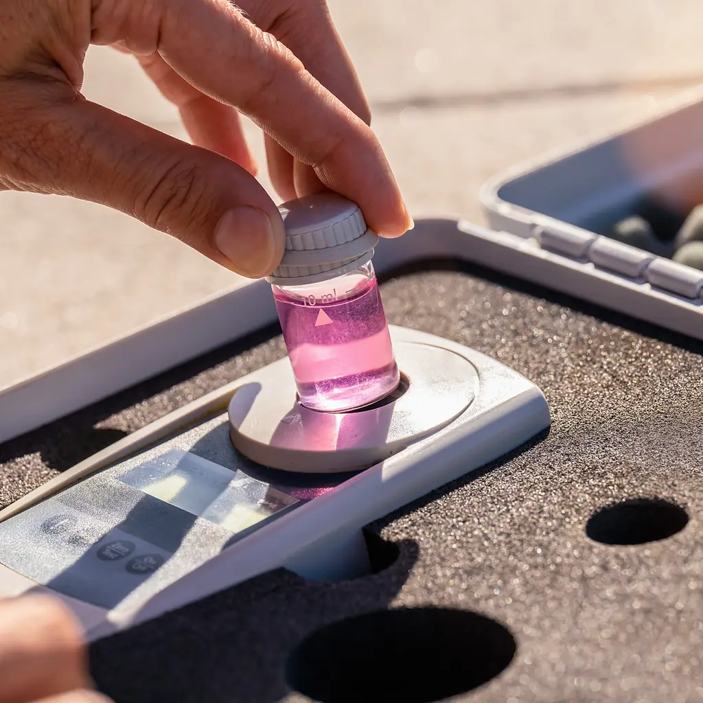 Illustrative stock photograph of a field water-testing instrument; not taken at Lake Rebecca.
