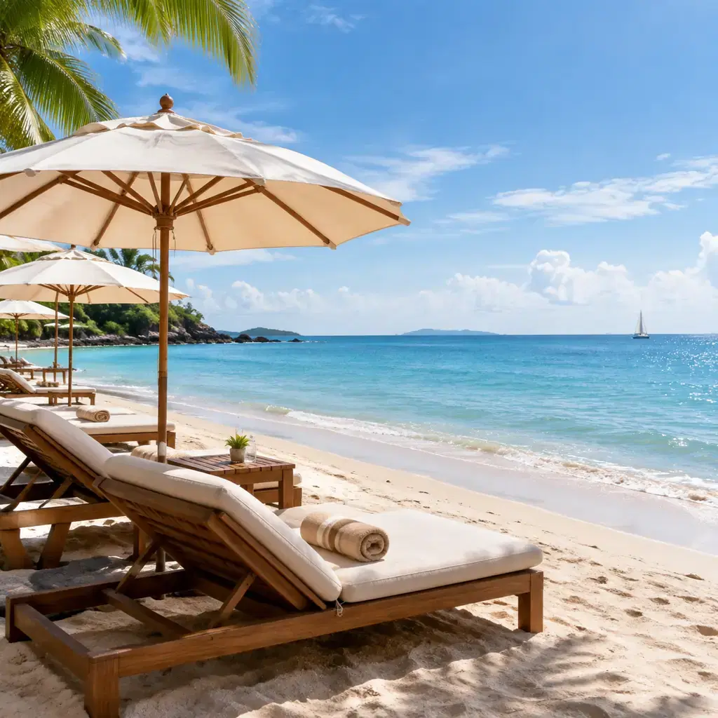 Generic tropical beach resort loungers beneath umbrellas beside calm sea, visibly conceptual scene with no named island implied