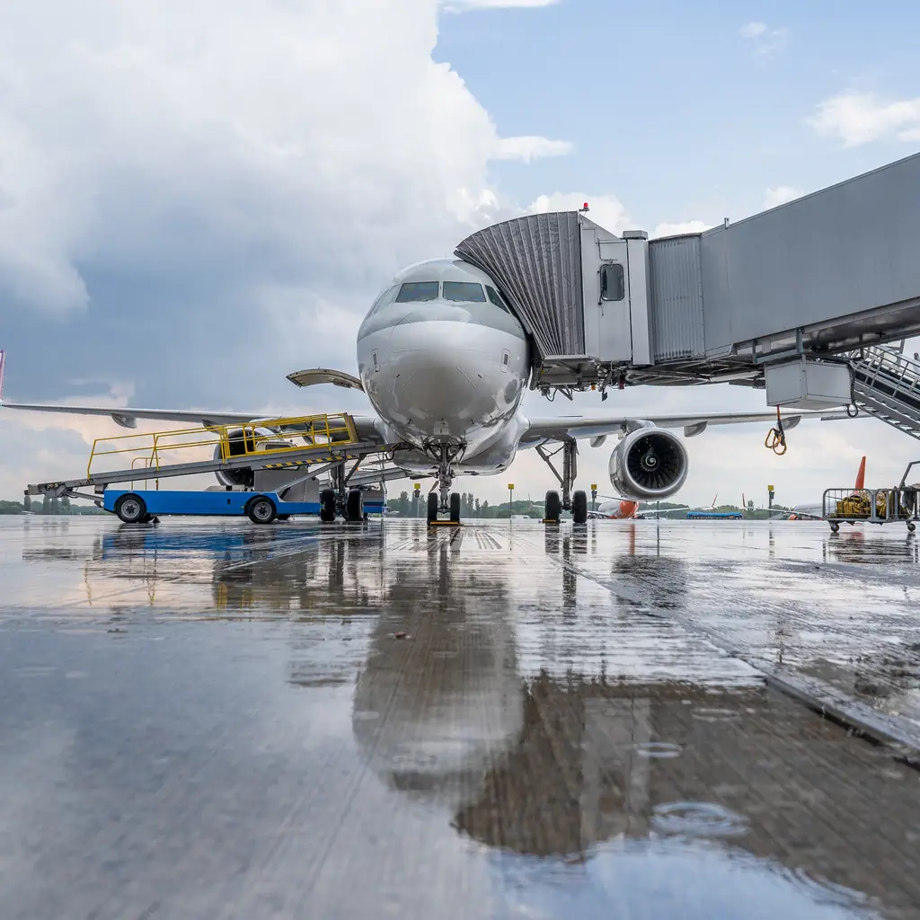 An airliner parked at a jet bridge in rainy weather