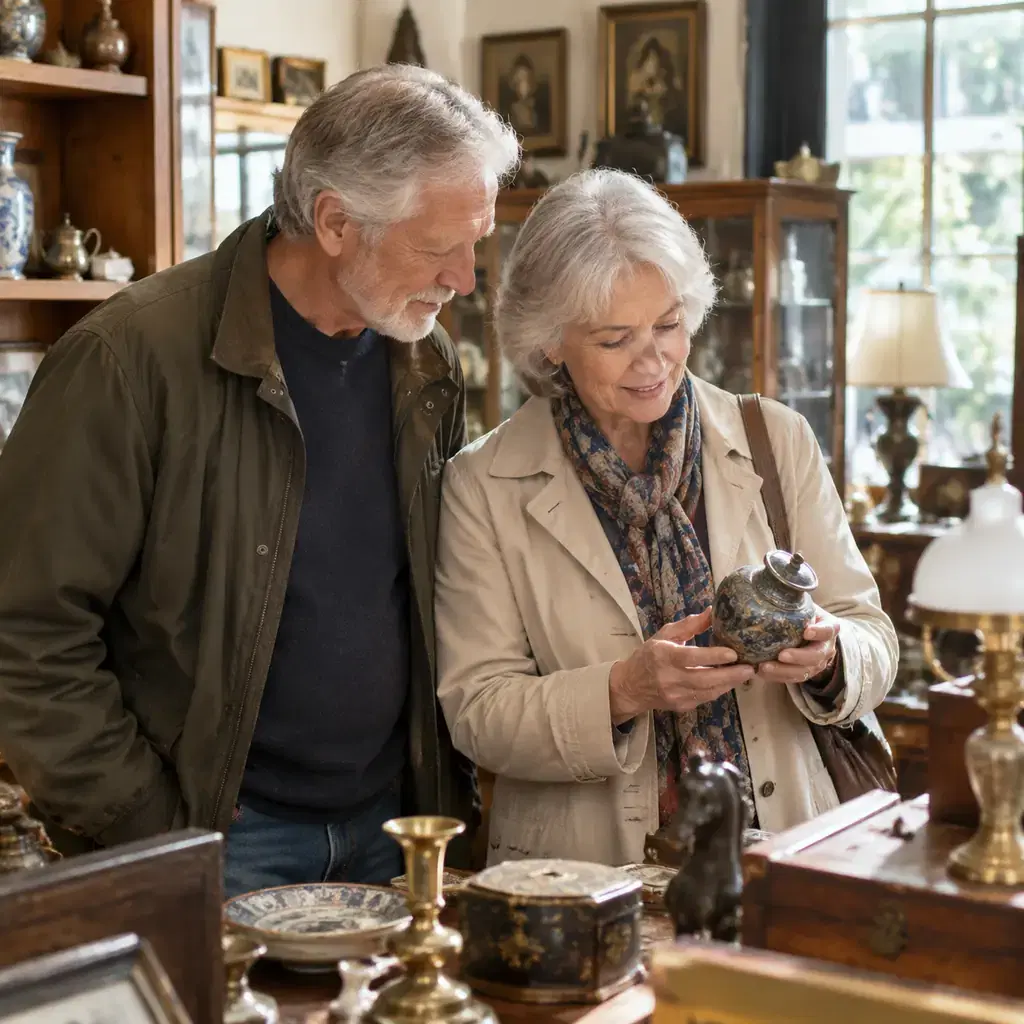 Older couple browsing a generic antique shop together, no identifiable town