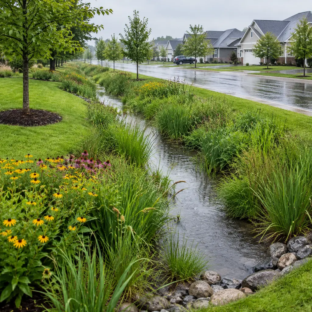 Generic vegetated drainage swale slowing rainwater beside a small neighborhood, no named town and no fake pollution evidence, explanatory restoration scene