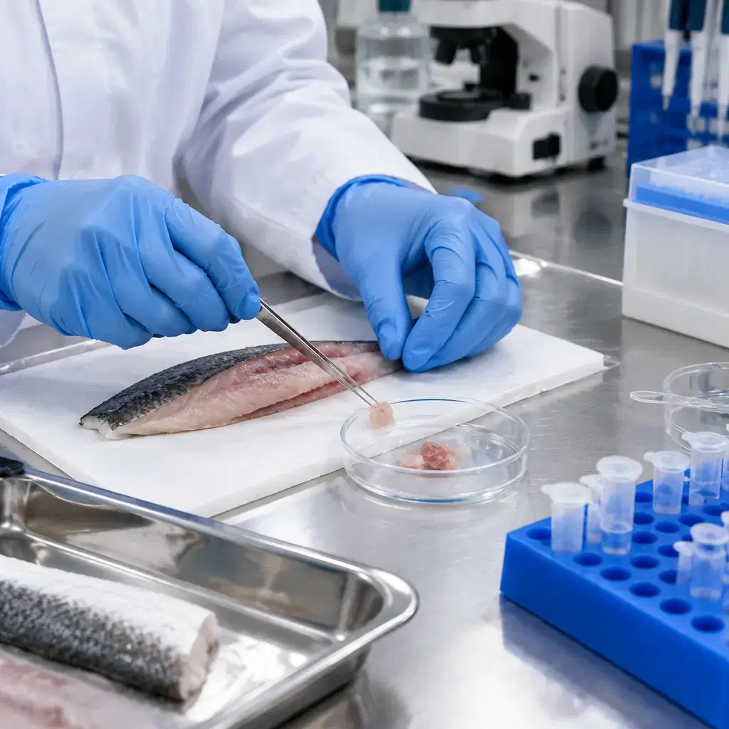 Gloved laboratory technician preparing a fish tissue sample on a sterile work surface, no readable labels no distressed wildlife, conceptual testing illustration