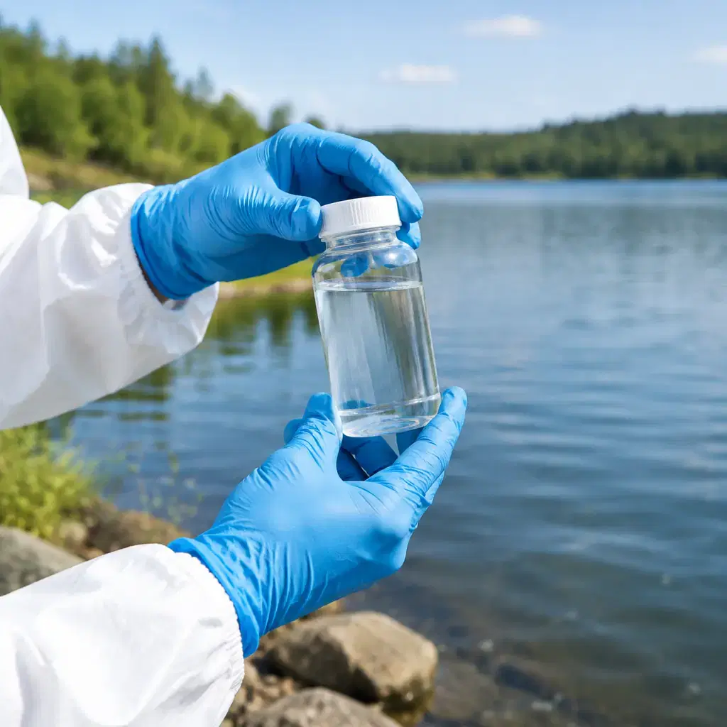 Gloved environmental researcher hands holding a sealed clear sample bottle beside a generic unidentifiable lake, no labels no foam no evidence of actual contamination, conceptual testing illustration