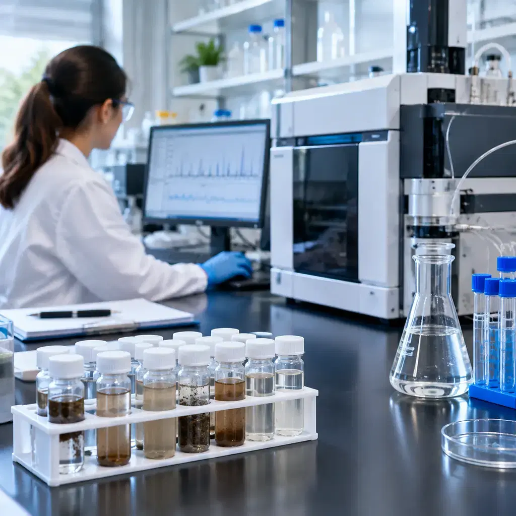 Modern environmental chemistry laboratory with sealed sample vials beside scientific analysis equipment, no readable numbers or fabricated test results, conceptual science illustration