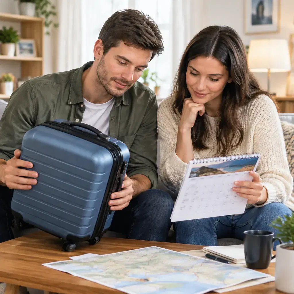 A couple in a generic home comparing a small suitcase and a travel calendar, calm planning scene, no readable words