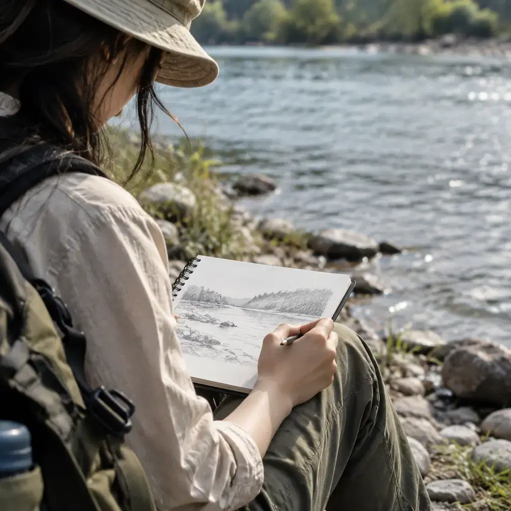 Illustration of a riverside pause, not a photograph of Salida