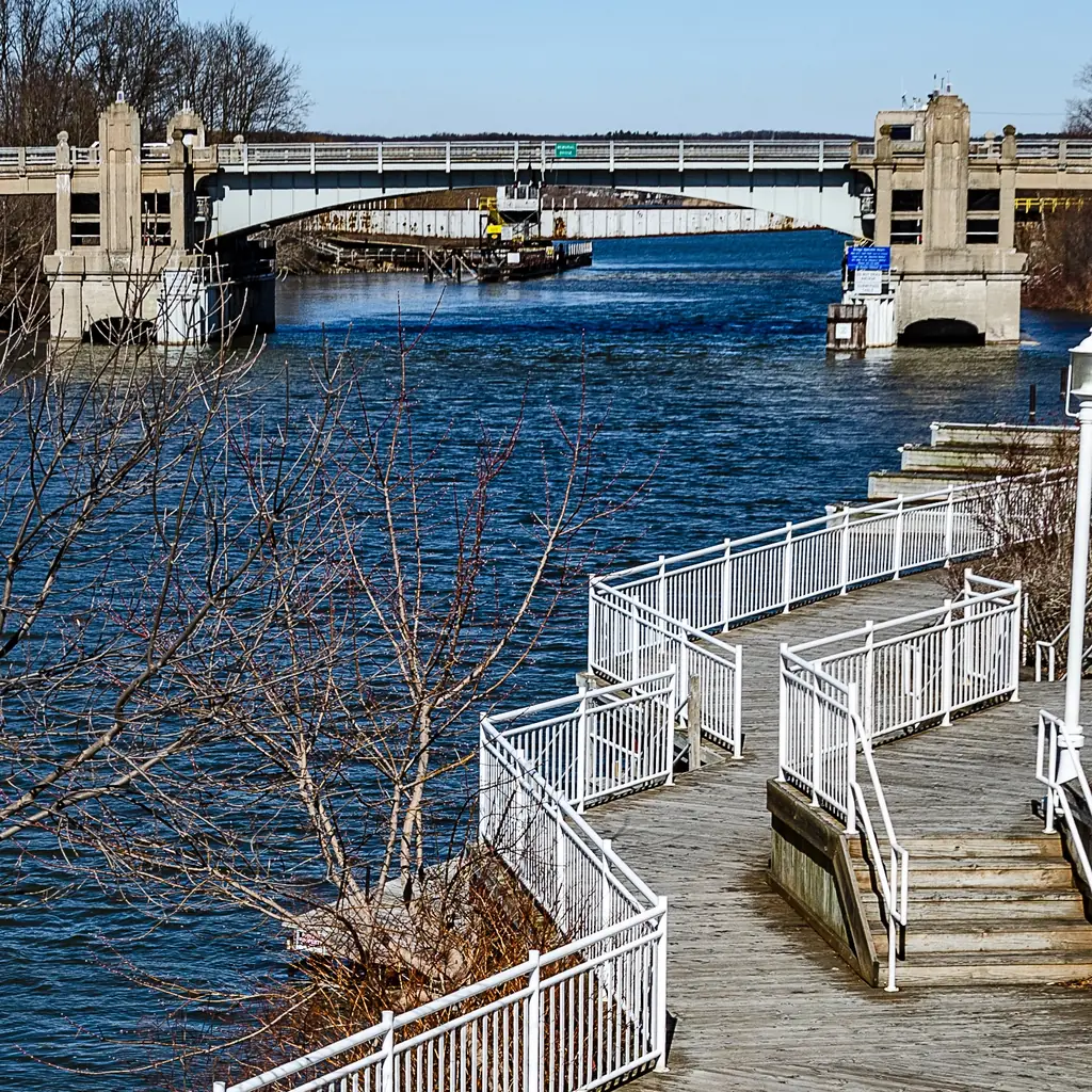 The public riverwalk beside downtown Manistee, Michigan.