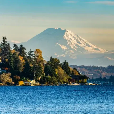 Lake Washington and Mount Rainier viewed from Seward Park in Seattle.