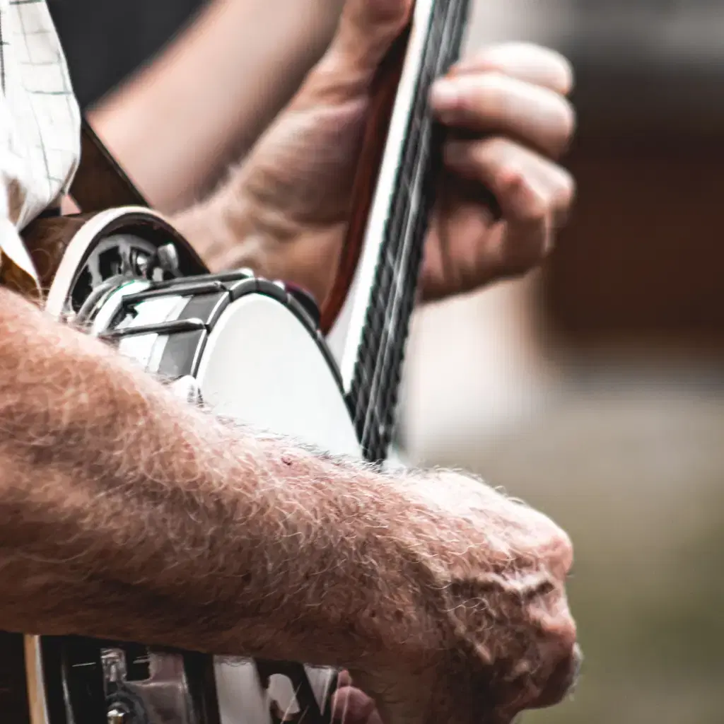 Illustrative stock photograph of hands playing banjo; not the Ozark Heritage Festival.