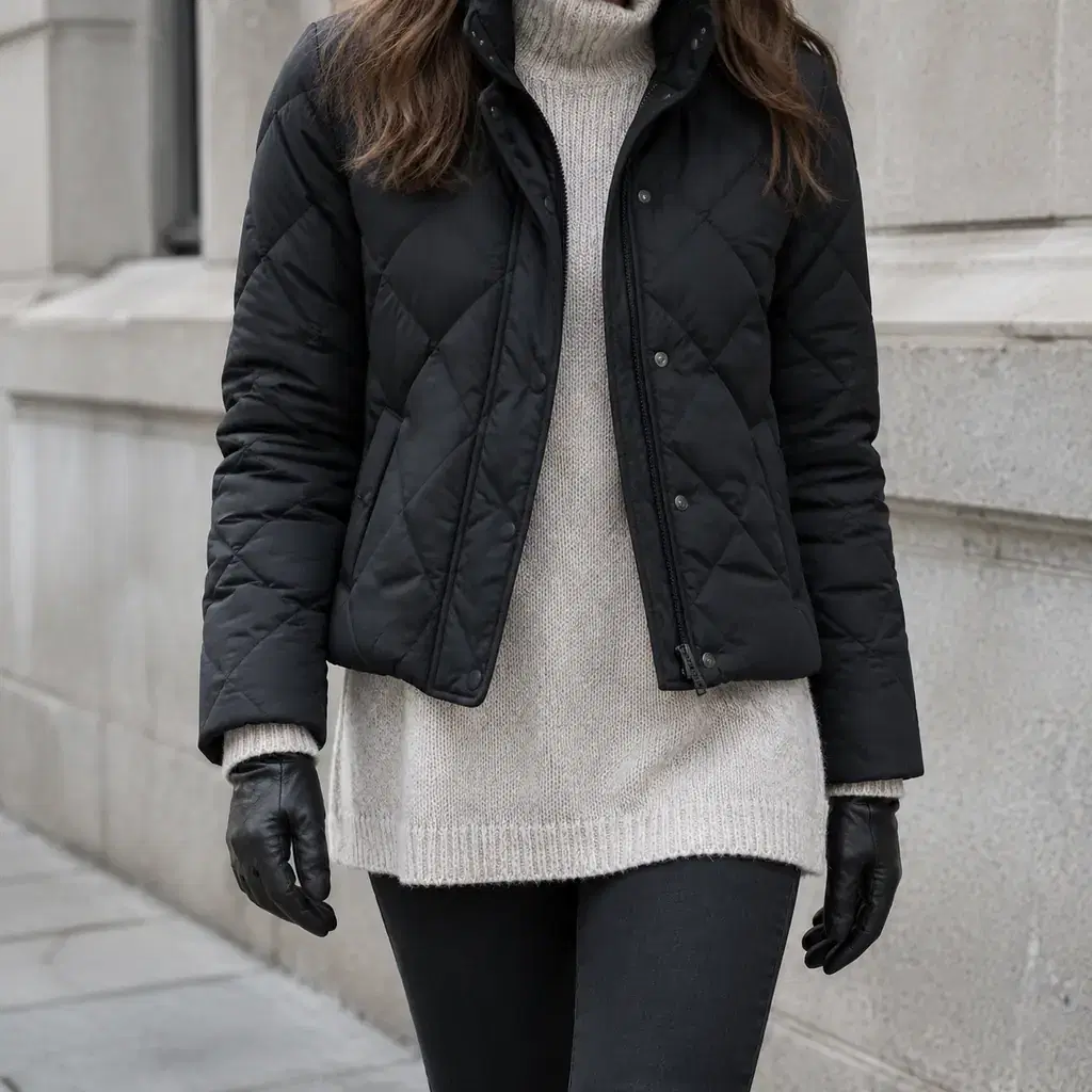 A hip-length jacket worn over a longer sweater whose hem shows beneath it