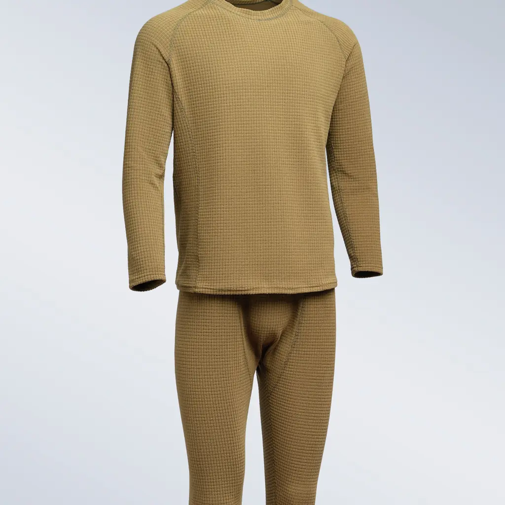 A waffle-knit cotton thermal underwear set laid flat