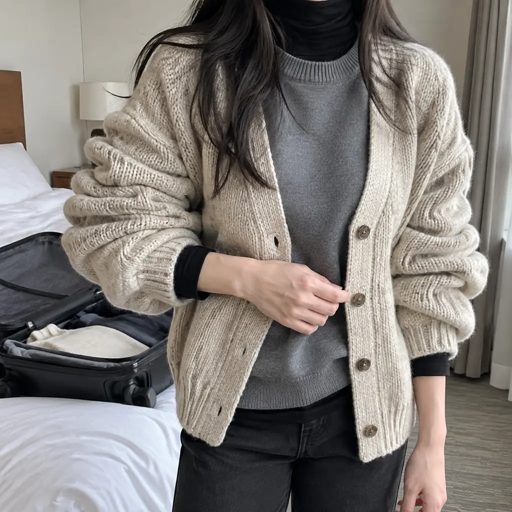 Three sweaters layered on top of each other, with bunched sleeves and stepped hems