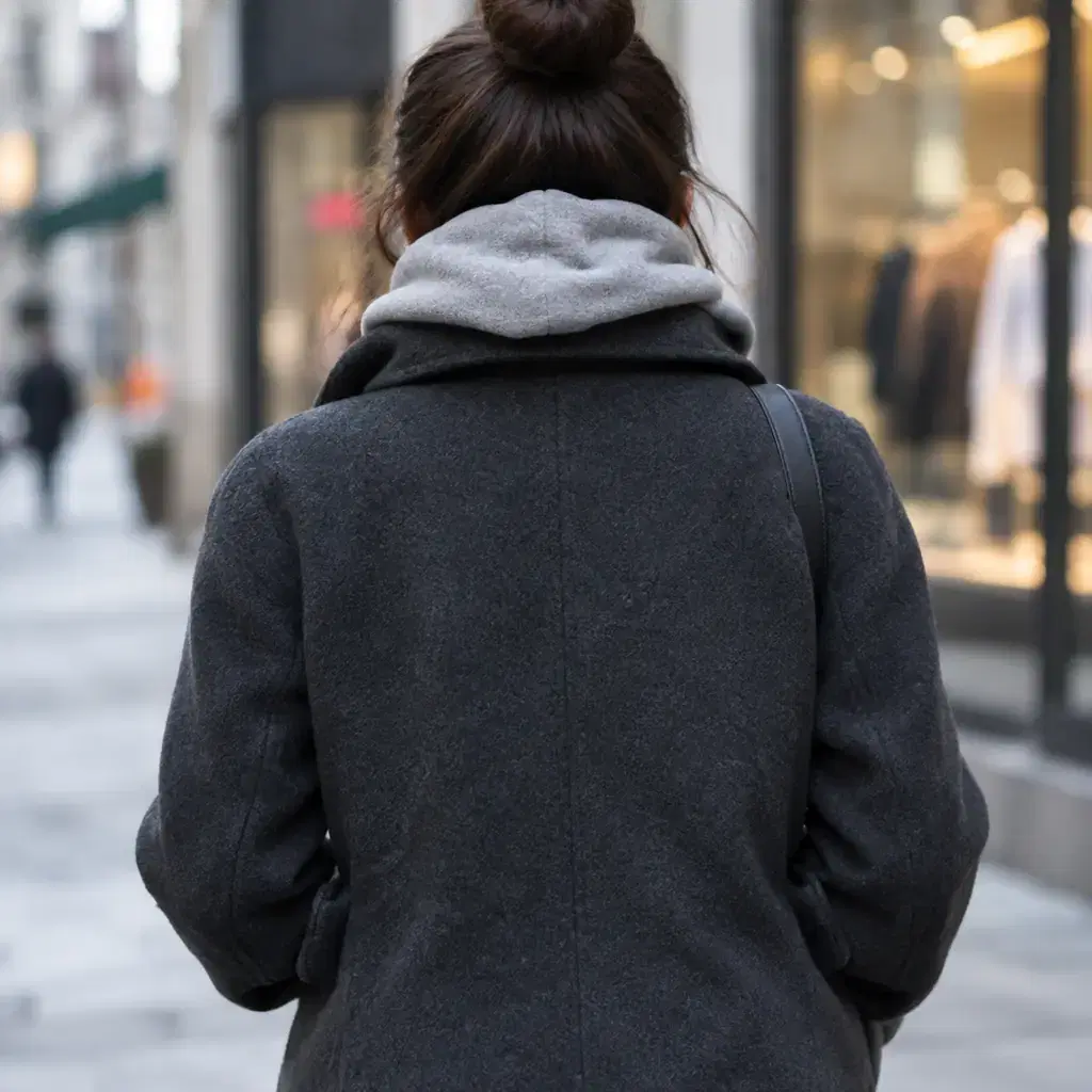 A sweatshirt hood bunched under the collar of a wool coat, seen from behind