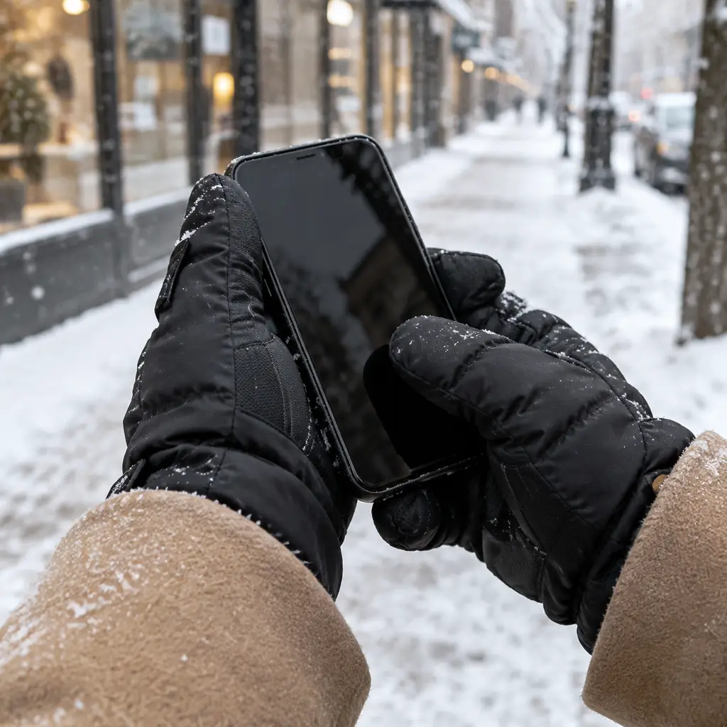 Bulky ski gloves holding a smartphone on a winter city street