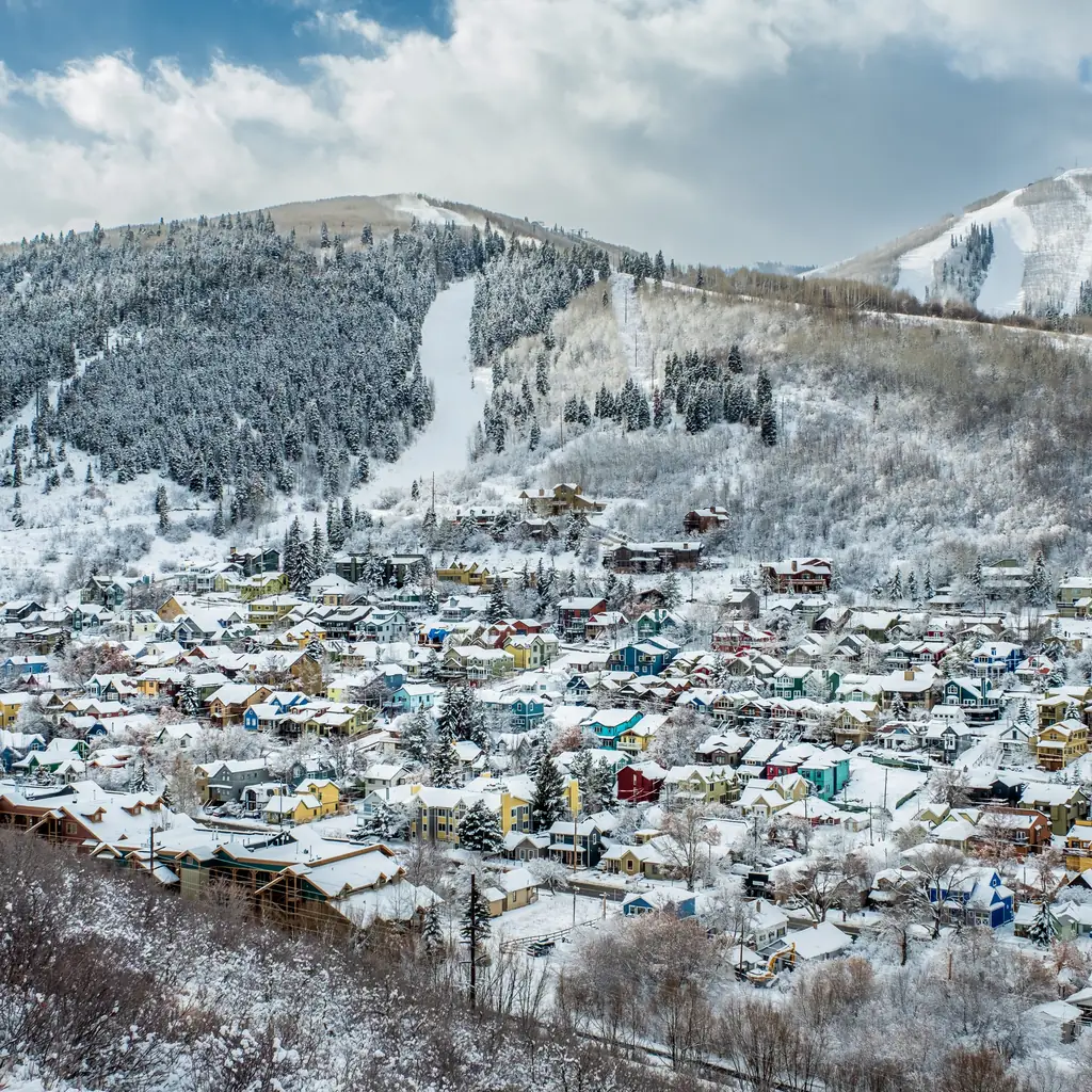 Snowy Main Street in Park City, Utah, in winter