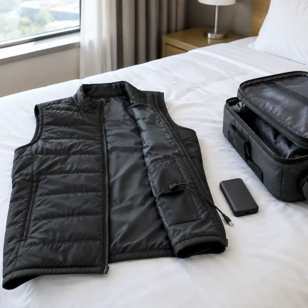 A heated vest laid open on a bed with its battery pack removed and placed beside a carry-on bag's pouch