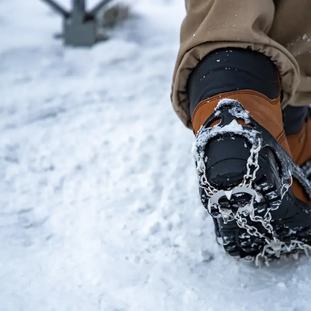Rubber slip-on traction cleats with steel coils fitted over a winter boot on an icy sidewalk