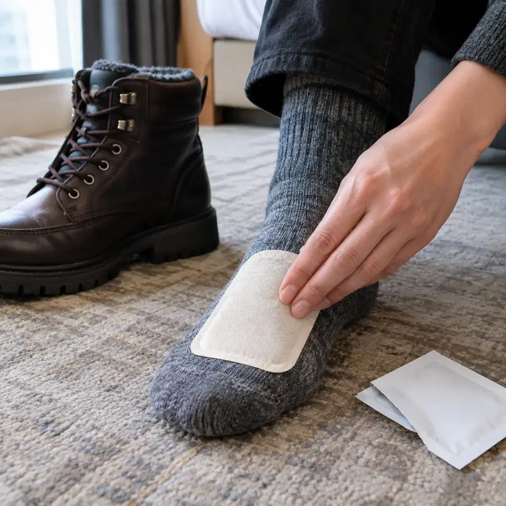 A hand pressing an adhesive toe warmer onto the top of a wool sock, with a winter boot waiting beside it