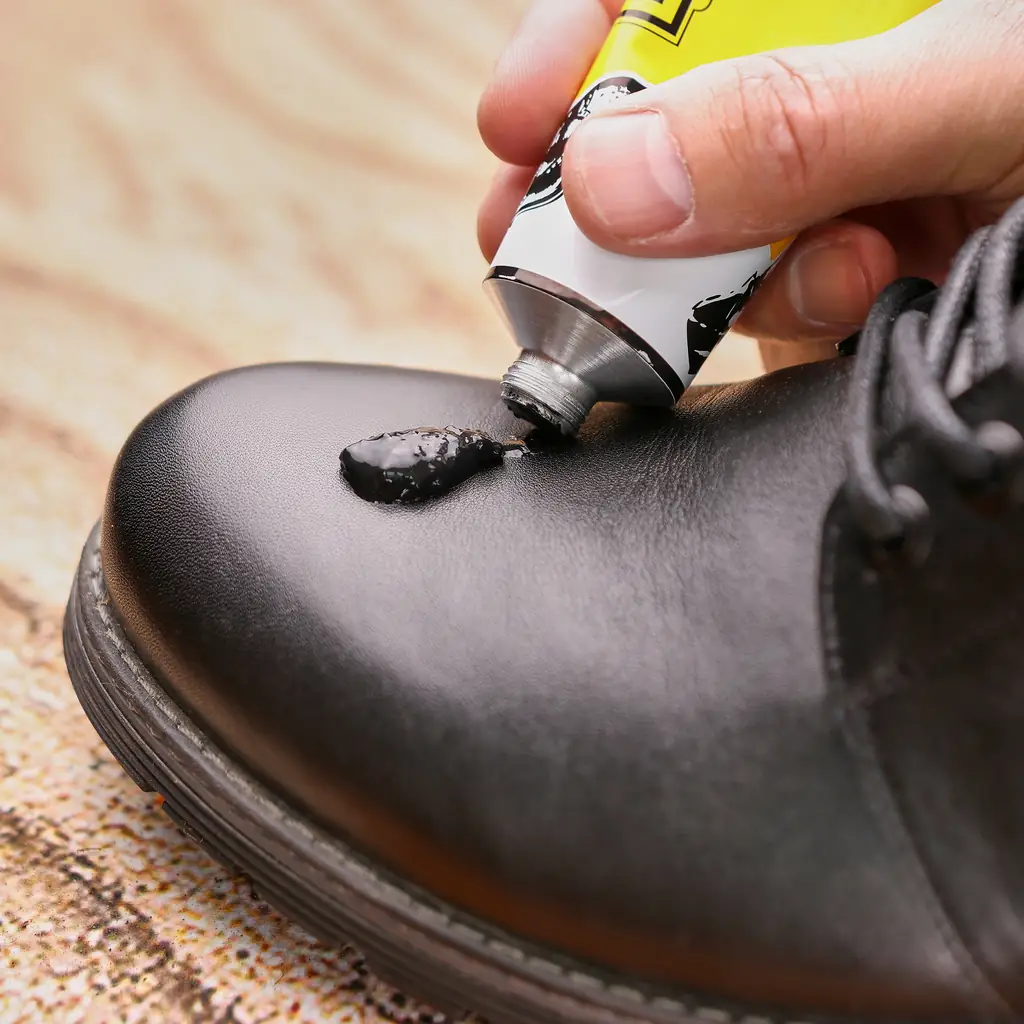 A hand applying protective cream to a black leather boot before a winter trip