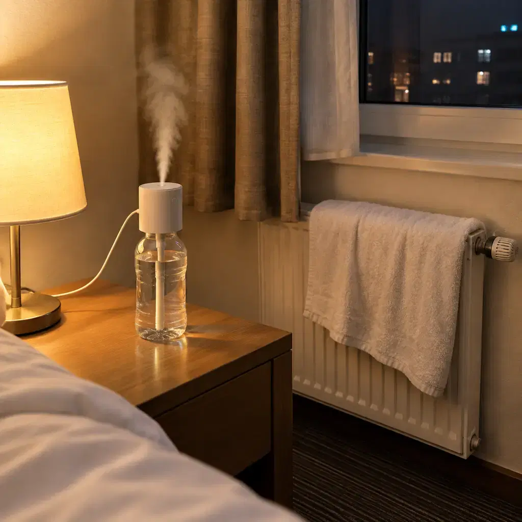 A damp hand towel draped over a hotel radiator and a small bottle-top humidifier misting on the nightstand