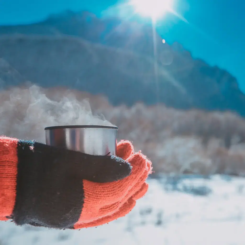 Red-gloved hands holding a steaming thermos cup in a sunny snowy valley