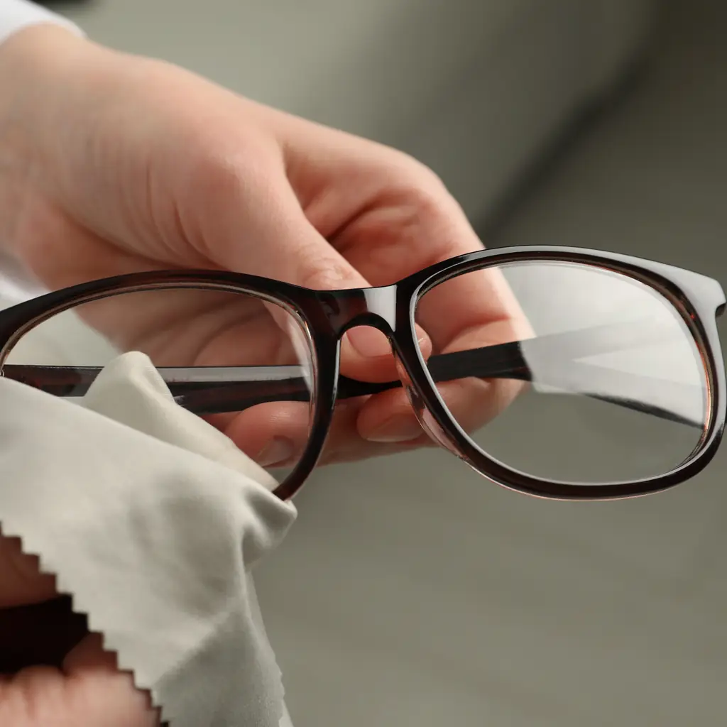 Hands wiping a pair of eyeglasses with a microfiber cloth