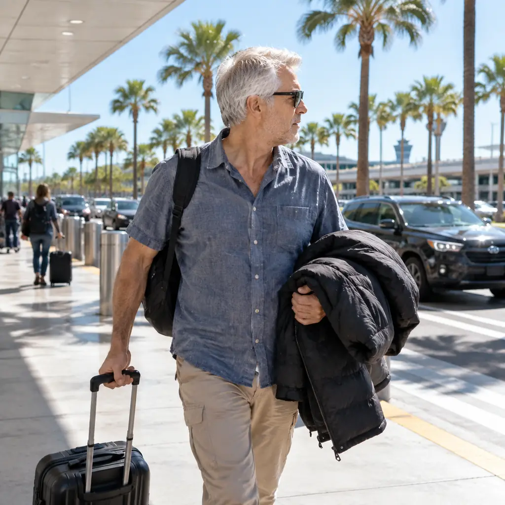 An older traveler carrying a winter parka over one arm on a sunny, palm-lined airport curb